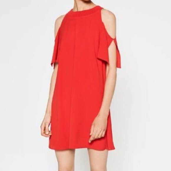 Zara Dresses & Skirts - Zara Woman Red Crepe Cold Shoulder Flutter Sleeve Sheath Dress Size S